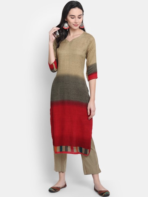 

7Threads Women Brown & Red Colorblocked Straight Kurta