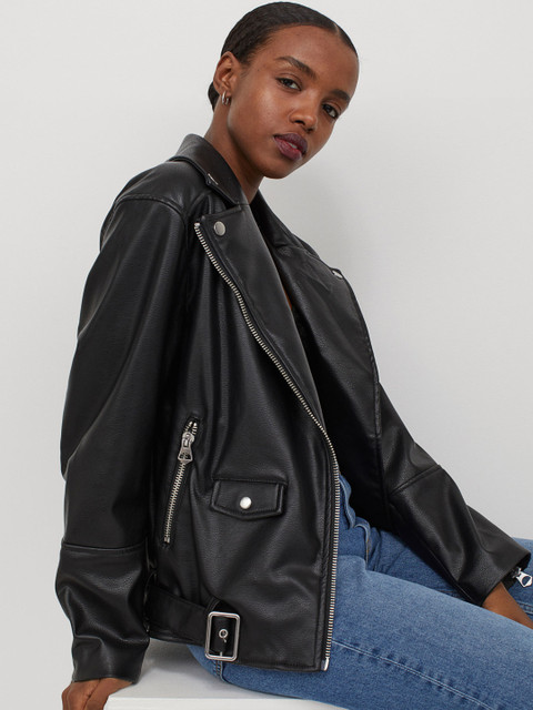 

H&M Women Black Solid Biker Jacket