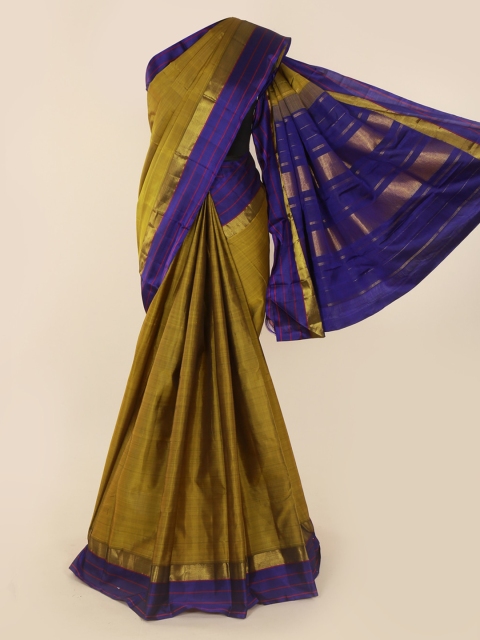 

Pothys Olive Green & Blue Pure Silk Solid Kanjeevaram Saree