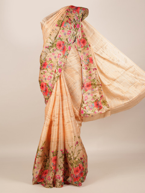 

Pothys Peach-Coloured Floral Printed Jute Silk Saree