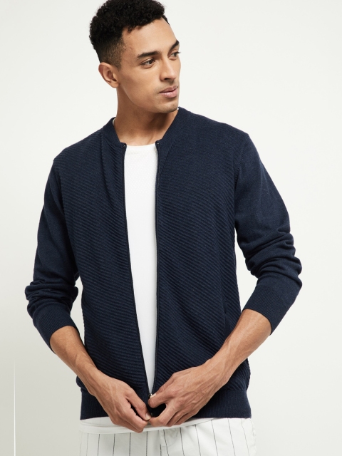 

max Men Navy Blue Solid Front-Open Sweater
