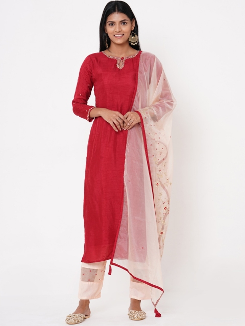 

FASHOR Women Red Solid Kurta with Palazzos & Dupatta