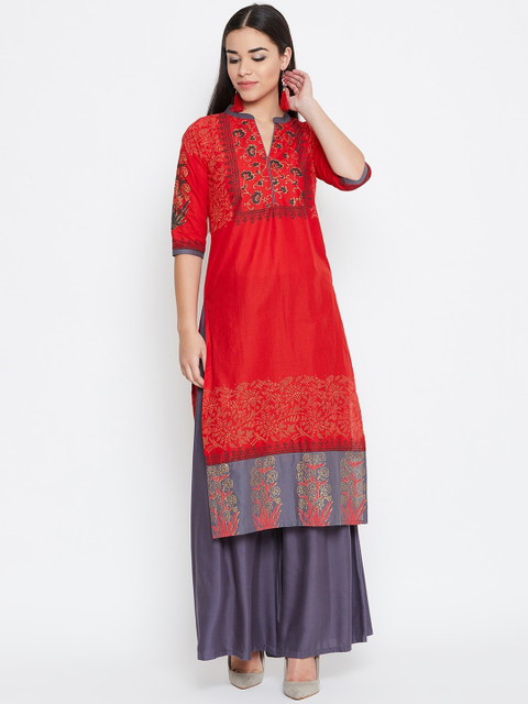 

WineRed Women Red Yoke Design Printed Straight Kurta