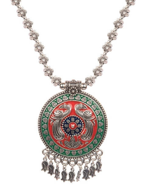 

DESI COLOUR Silver-Toned & Green Enameled Jewellery Set