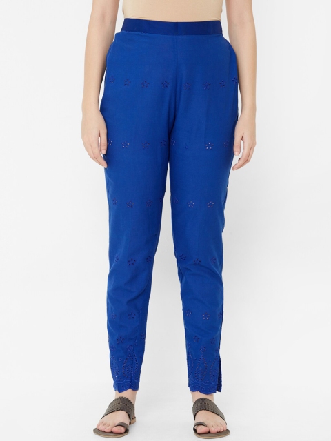

Juliet Women Royal Blue Self Design Regular Trousers
