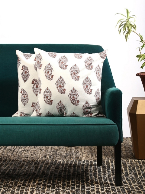 

Contrast Living White & Brown Set of 2 Ethnic Motifs Cotton Square Cushion Covers