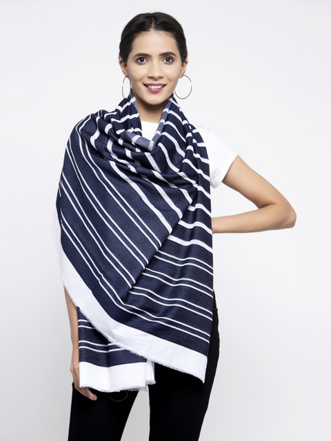 

Calvadoss Women White & Navy Blue Striped Long-Fit Premium Muffler