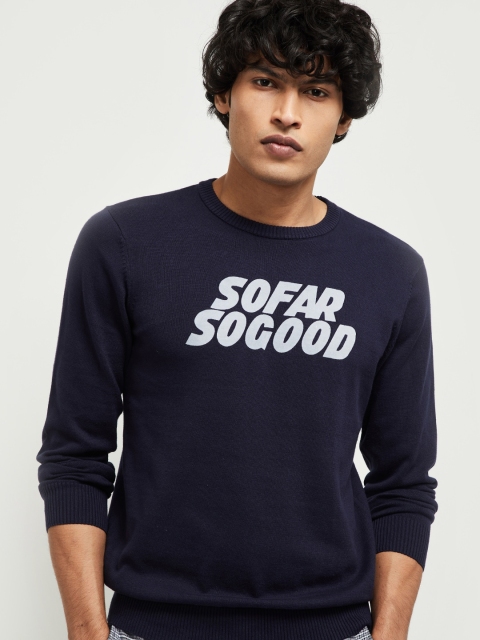 

max Men Blue Printed Cotton Pullover Sweater