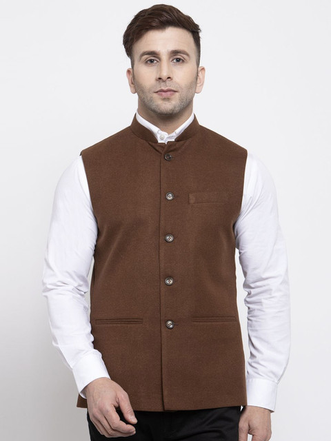 

Wintage Men Brown Solid Woven Woollen Nehru Jacket