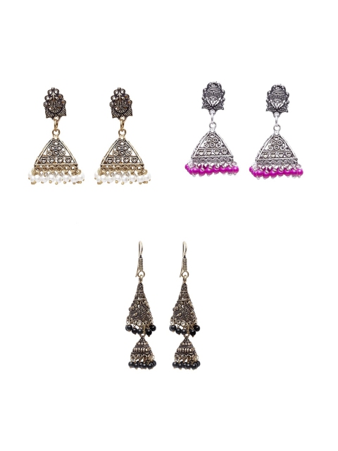 

Stoln Silver-Toned & Pink Set of 3 Dome Shaped Jhumkas