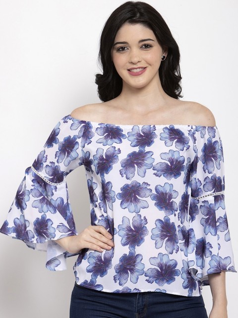 Aujjessa Women White & Blue Floral Printed Bardot Top