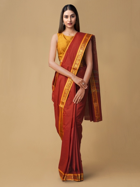 

Unnati Silks Red Pure Cotton Solid Venkatgiri Saree