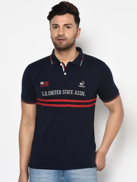 

Duke Men Navy Blue Striped Polo Collar T-shirt