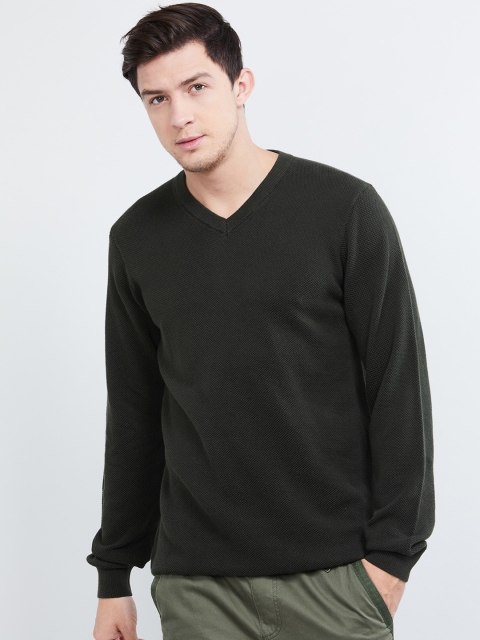 

max Men Olive Green Self Design Pullover Sweater