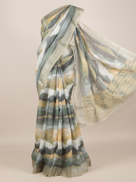 

Pothys White & Green Linen Blend Dyed Saree