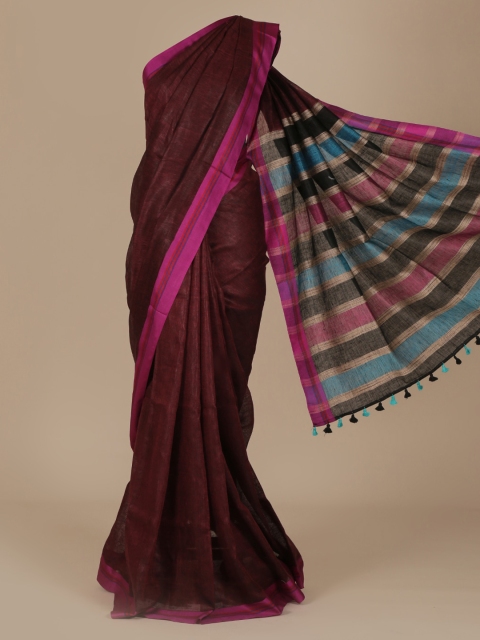 

Pothys Maroon Solid Pure Linen Saree with Zari Border