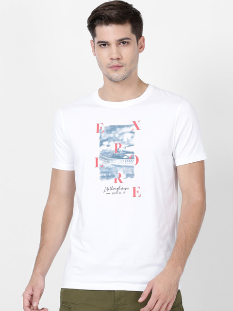 

t-base Men White Printed Round Neck Pure Cotton T-shirt