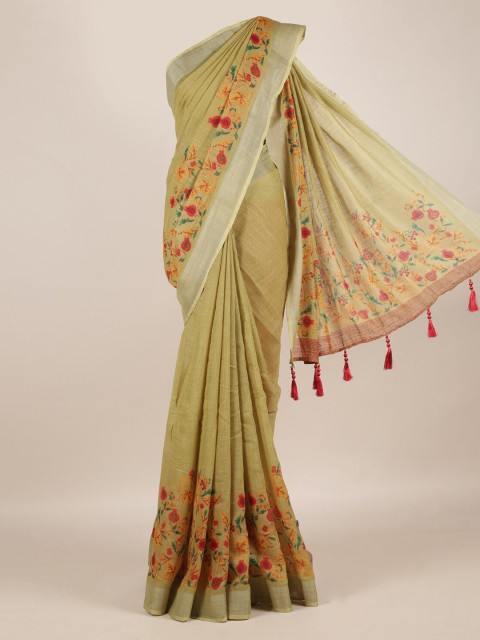 

Pothys Green Printed Linen Blend Saree with Jhalar Pallu