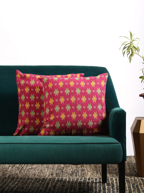 

Contrast Living Maroon & Yellow Set of 2 Ethnic Motifs Cotton Square Cushion Covers