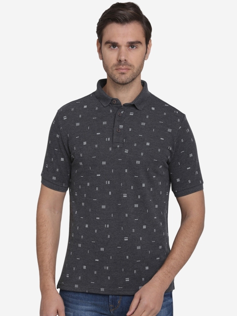 

JADE BLUE Men Grey Printed Cotton Polo Collar T-shirt