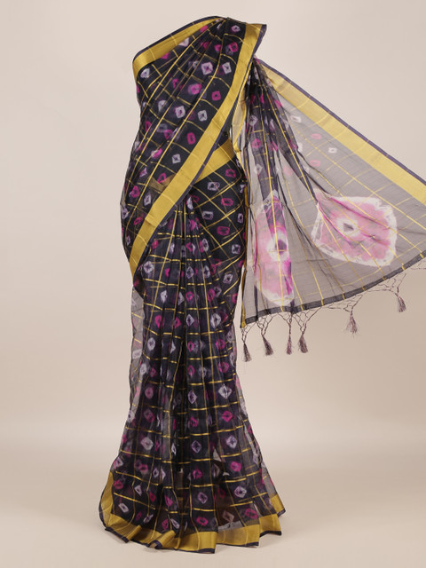 

Pothys Navy Blue Checked Linen Blend Saree