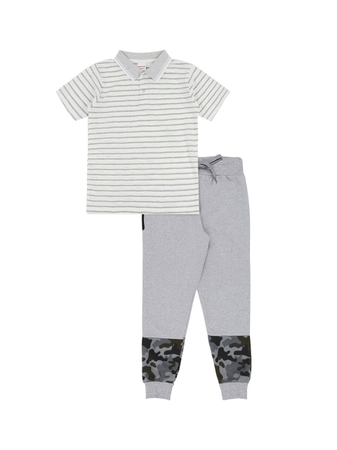

RAINE AND JAINE Boys Grey Melange & Grey Striped Pure Cotton T-shirt with Trousers