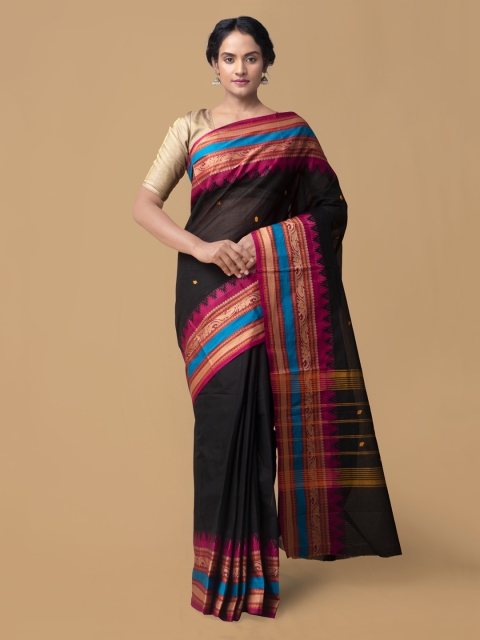 

Unnati Silks Black Pure Cotton Solid Kanjeevaram Saree