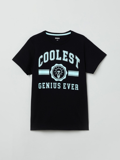 

max Boys Black Printed Round Neck Cotton T-shirt