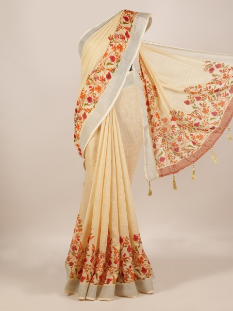 

Pothys Cream-Coloured Printed Linen Blend Saree