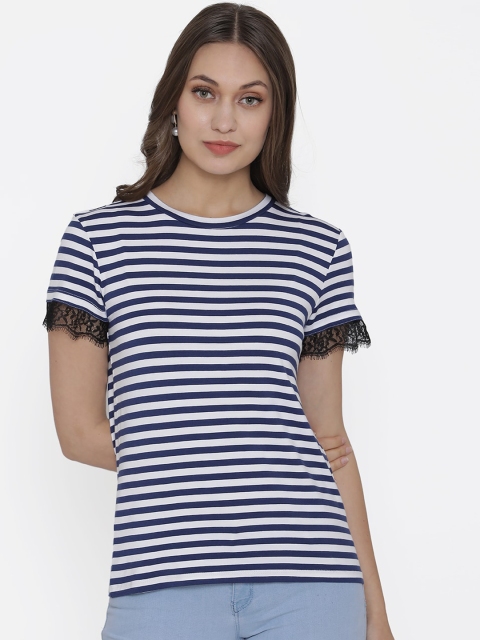 

DOOR74 Women Multicoloured Striped Round Neck T-shirt, Multi