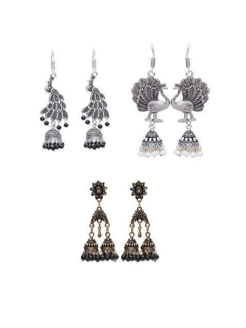 

Stoln Silver-Toned & Gold Set of 3 Contemporary Jhumkas