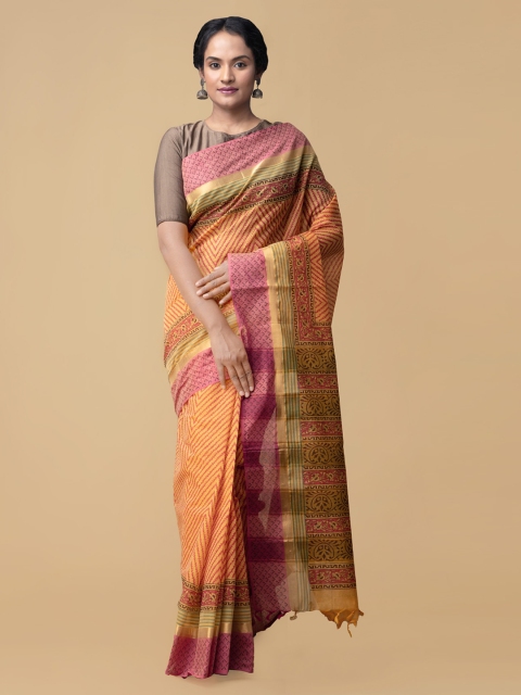 

Unnati Silks Orange Pure Cotton Printed Mangalagiri Saree
