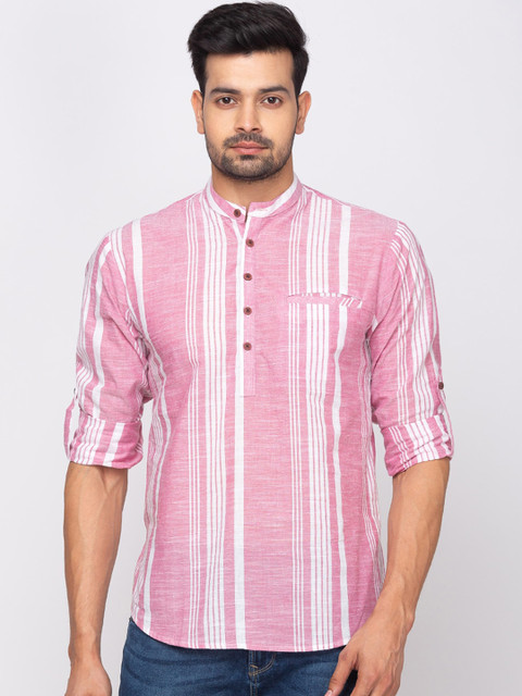 

SALWAR STUDIO Men Pink & White Woven Design Pathani Kurta
