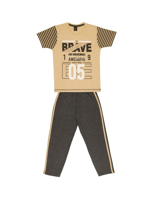 

Todd N Teen Boys Beige & Grey Printed T-shirt with Pyjamas