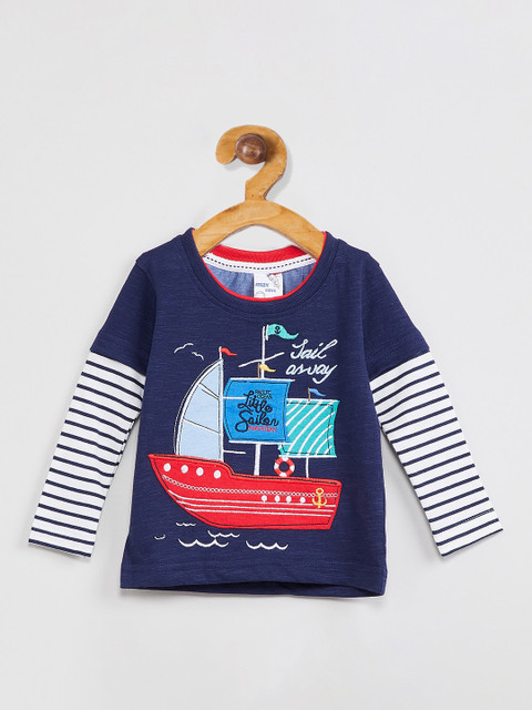

max Boys Navy Blue Printed Round Neck Cotton T-shirt