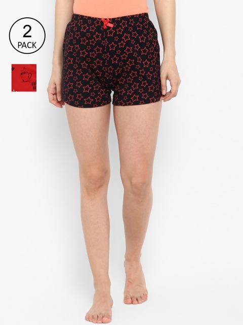 

Curare Women Pack of 2 Floral Printed Cotton Lounge Shorts, Red