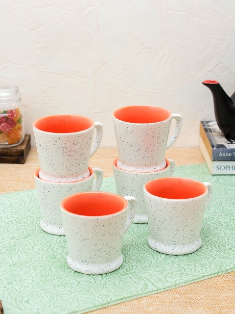 

WISHTANK White & Orange Solid 6-Pieces Ceramic Tea Cup Set