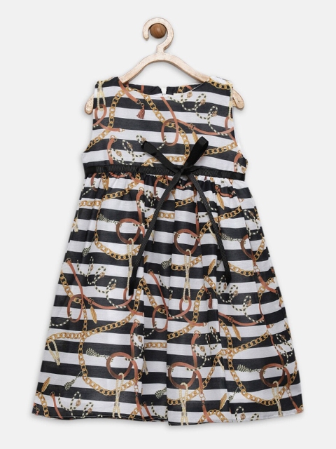 

mini miao Girls Black & White Striped Fit and Flare Dress