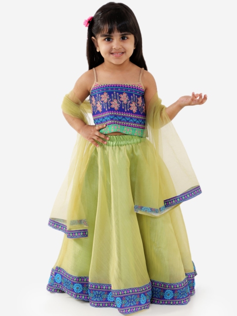 

KID1 Girls Blue & Lime Green Printed Unstitched Lehenga & Ready to Wear Blouse with Dupatta