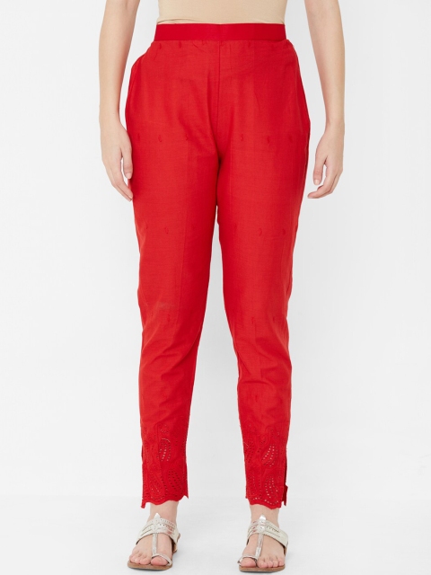 

Juliet Women Red Self Design Cigarette Trousers