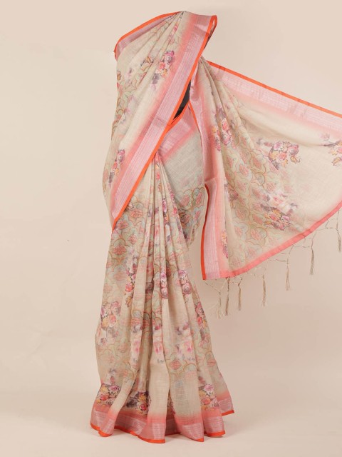 

Pothys Beige Printed Linen Blend Saree with Zari Border