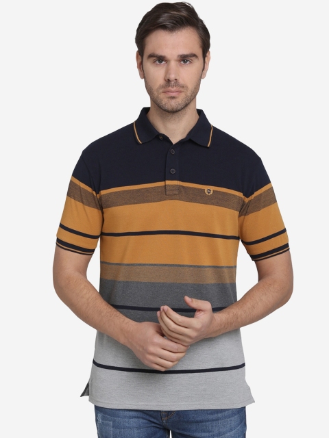 

JADE BLUE Men Navy Blue Striped Polo Collar Cotton T-shirt