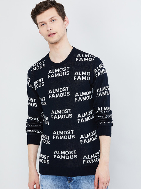 

max Men Navy Blue Printed Pullover Sweater