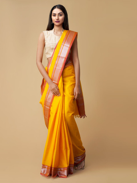 

Unnati Silks Yellow Pure Cotton Solid Handloom Chettinad Saree