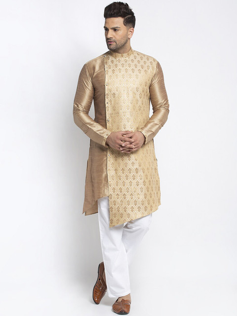 

TREEMODA Men Gold-Toned & White Woven Design Brocade Kurta with Pyjamas