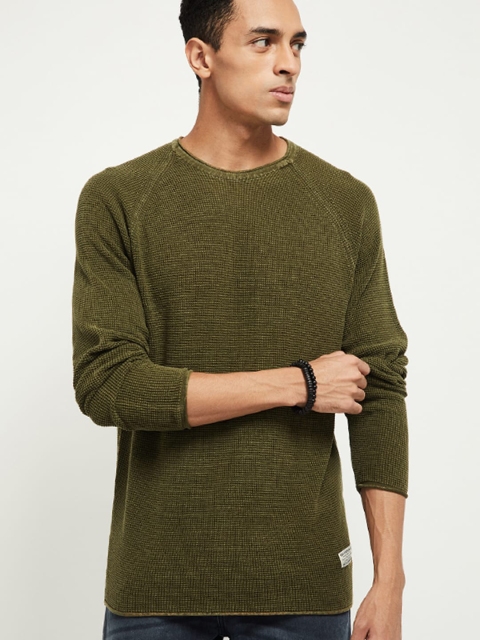 

max Men Olive Green Self Design Pullover Sweater