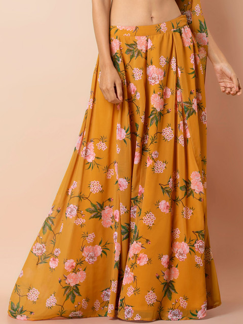 

INDYA Women Yellow & Pink Floral Printed Maxi Flared Skirt