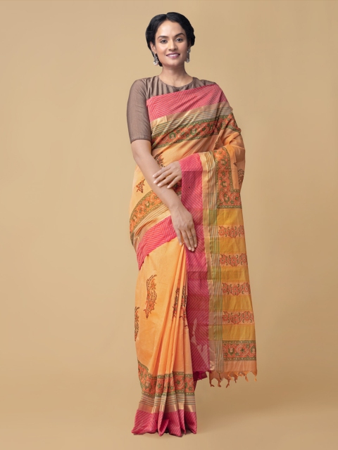 

Unnati Silks Peach-Coloured & Orange Pure Cotton Printed Mangalagiri Saree