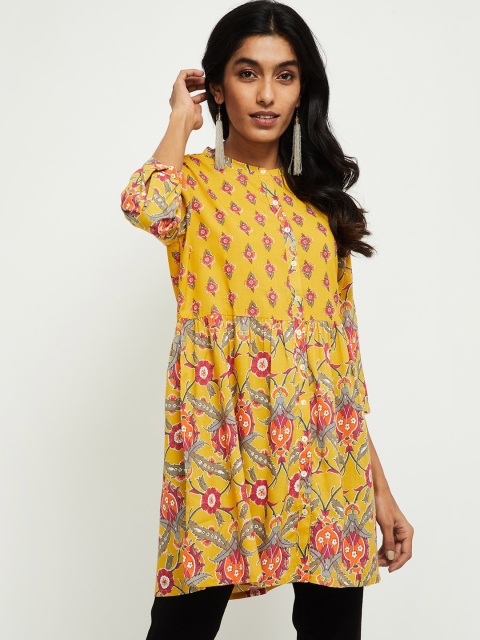 

max Women's Mustard Yellow & Pink Printed Tunic