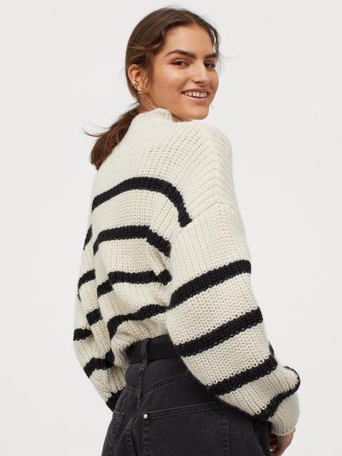 

H&M Women White and Black Striped Polo Neck Jumper